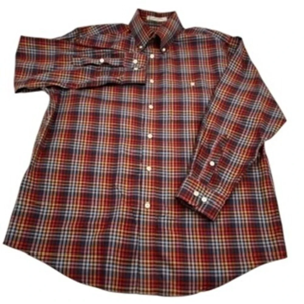 Orvis Mens Large Plaid Button Down Shirt Red Blue Orange Cotton Long Sleeve L‎